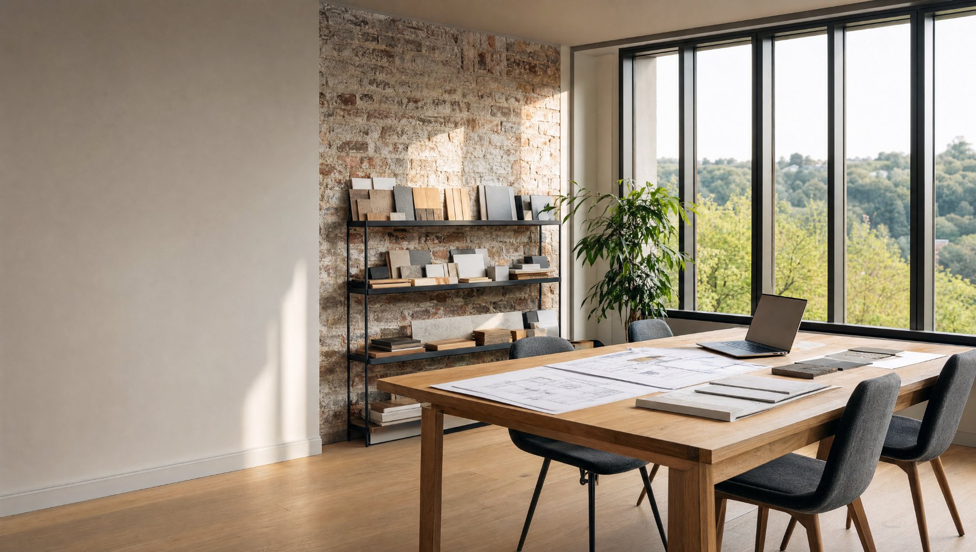 A bright office with an oak meeting table, house plans and a shelf of material samples against an exposed-brick wall.