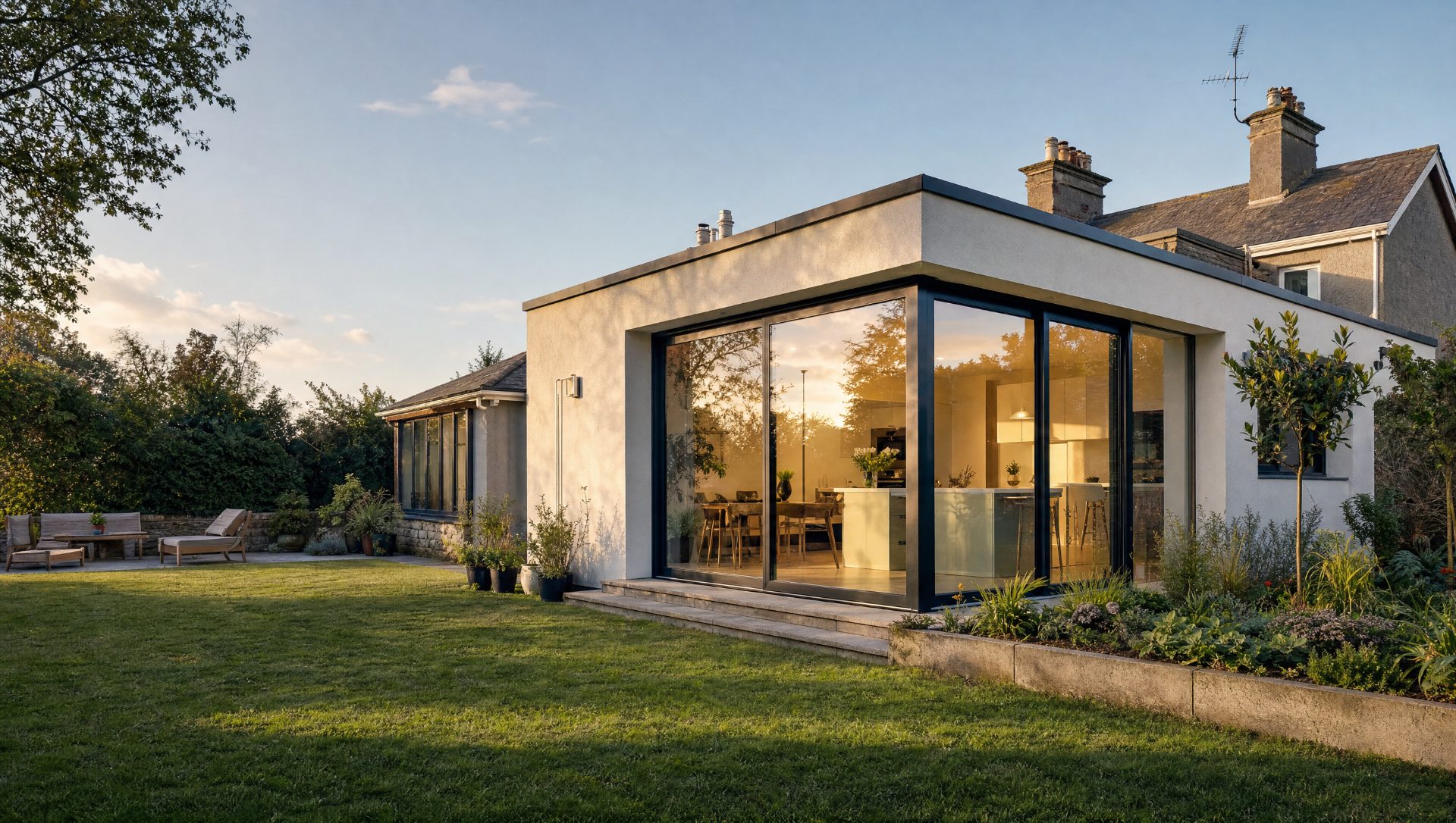 A modern flat-roof glass extension glowing with warm kitchen light, opening onto a garden at golden hour.