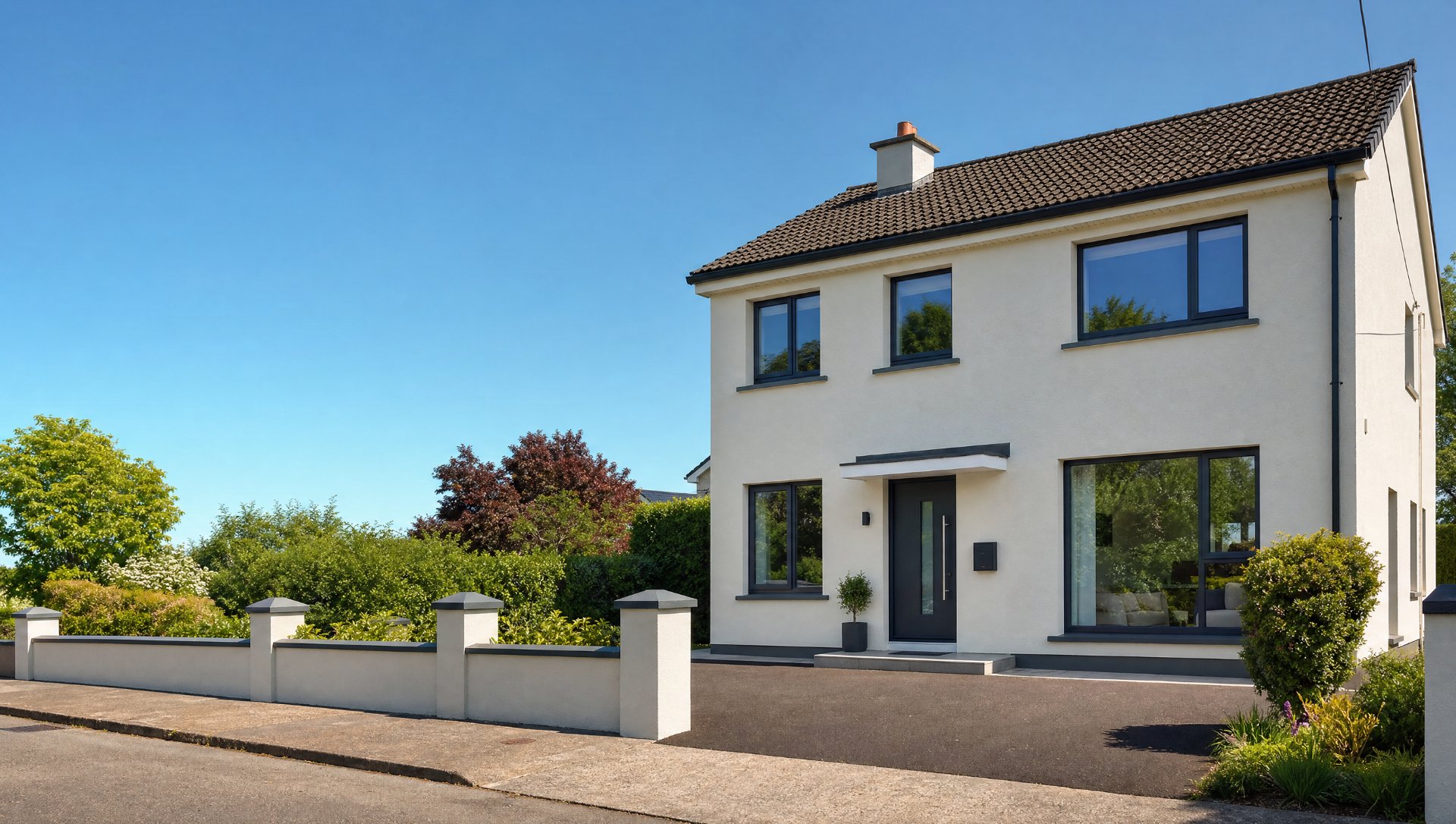 A renovated detached white house with dark grey windows and a tarmac driveway.