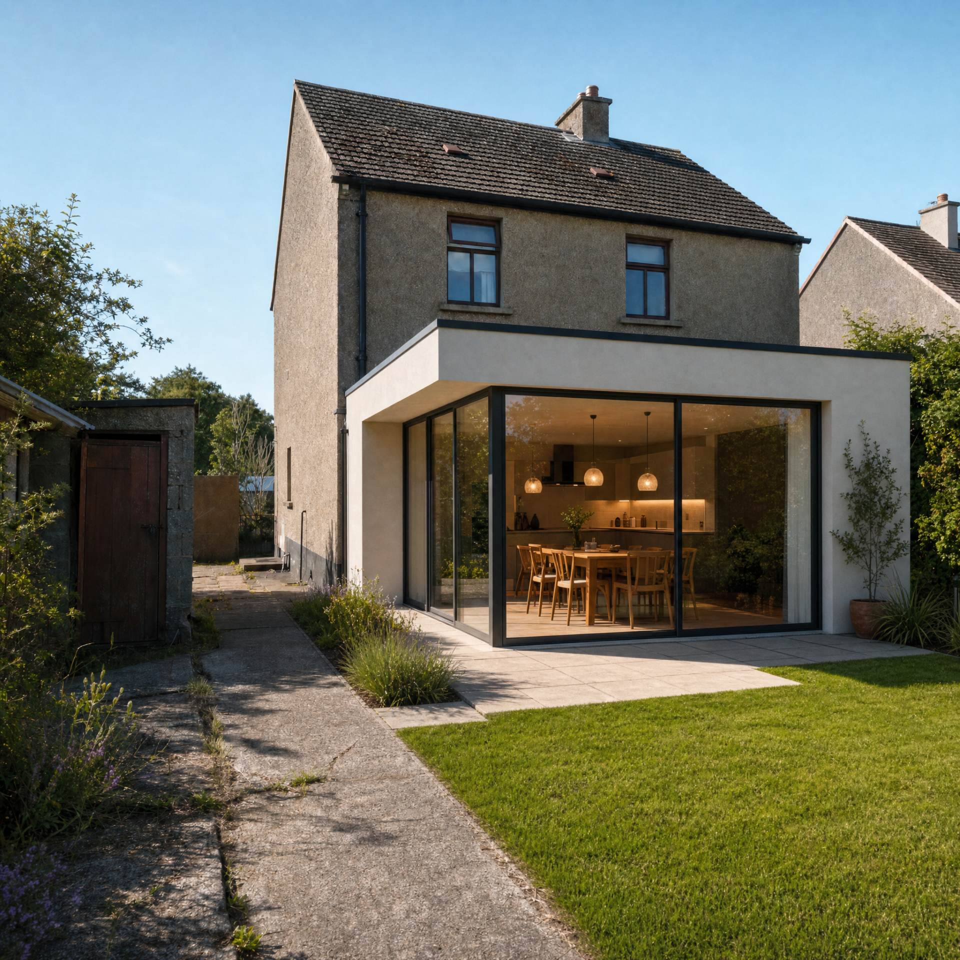 The same house after a modern flat-roof glass extension — sliding doors onto a paved patio and a warm kitchen-dining room inside.
