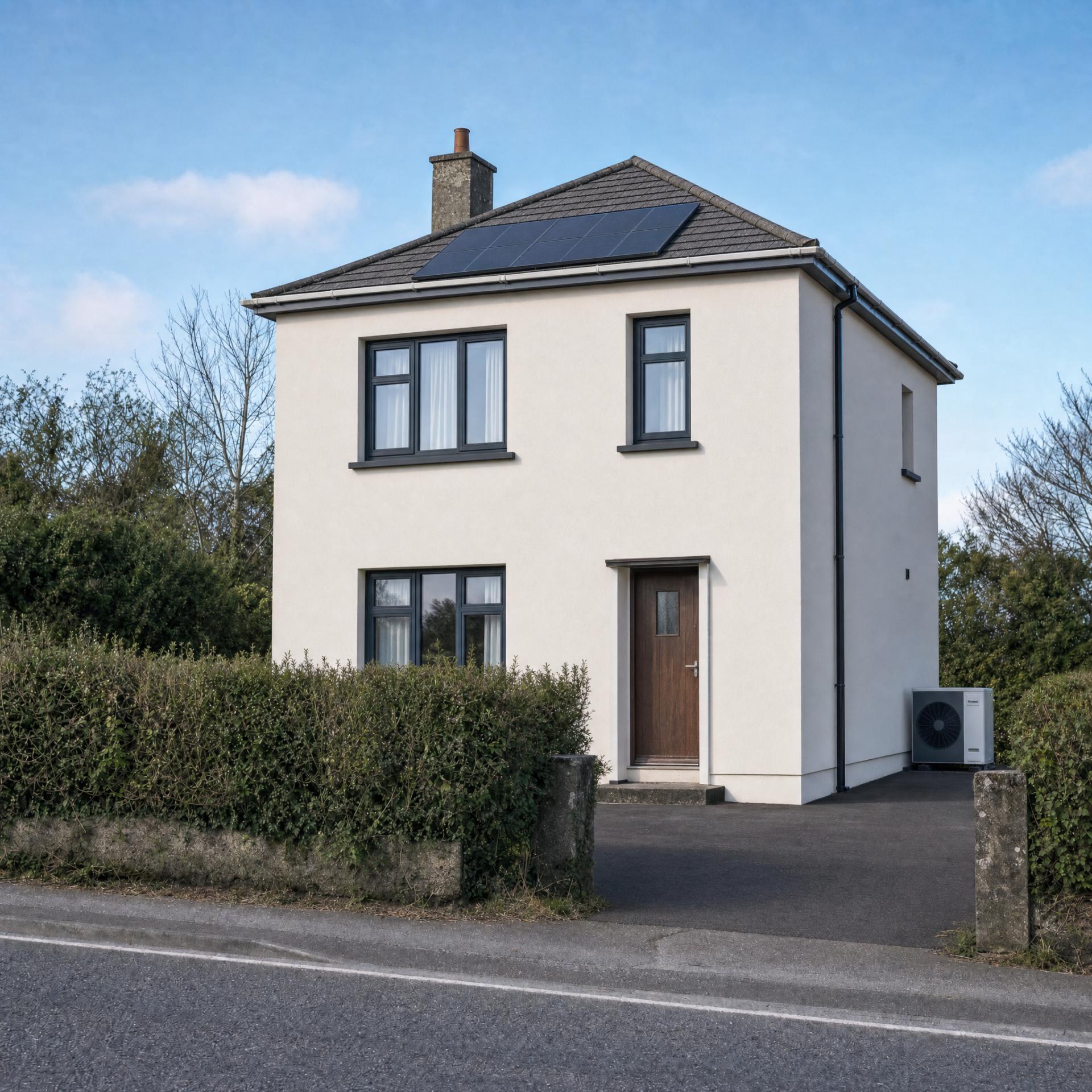 The same house after a deep retrofit — white insulated render, dark grey windows, roof solar panels and a heat pump at the side.