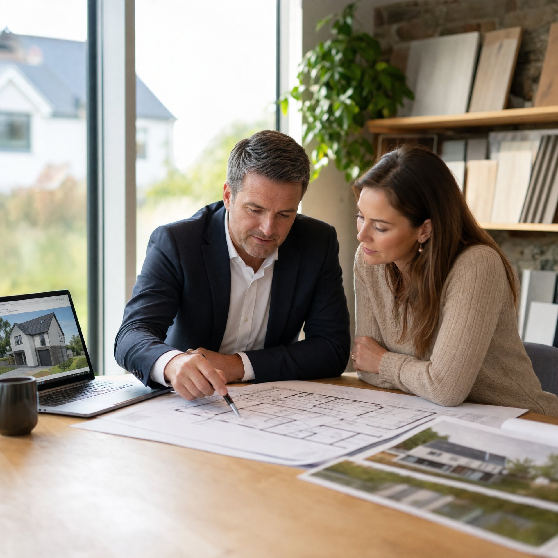 A TRC Homes team member talking a customer through house plans at a consultation.