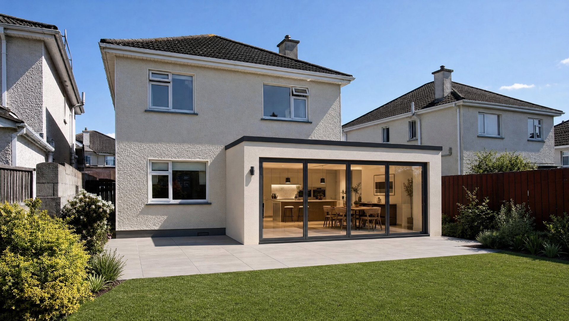 A Cork home extended and upgraded by TRC Homes — a modern flat-roof rear extension with anthracite sliding glass doors