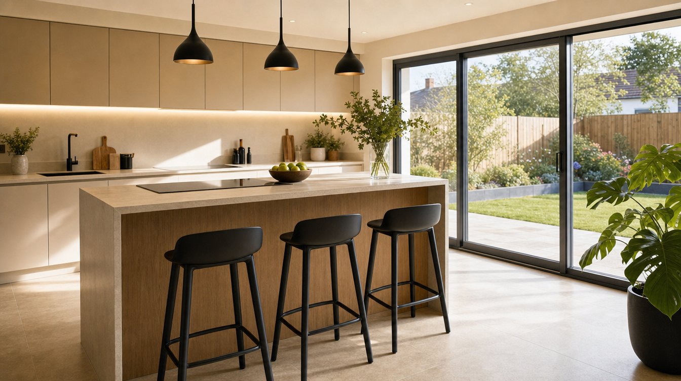 The kitchen in warm evening light, looking across the island to the garden through the full-width sliding doors.