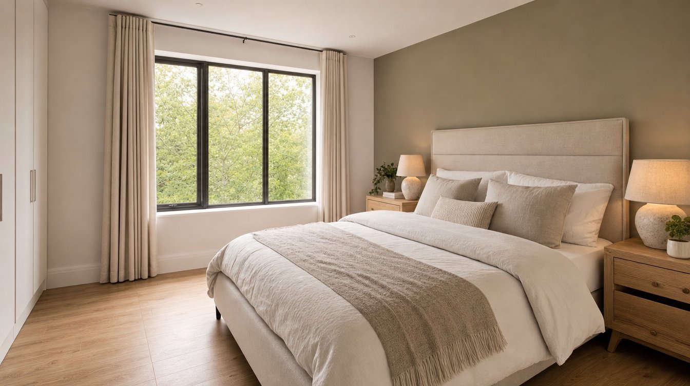 A calm bedroom with an upholstered headboard, neutral linen bedding, fitted wardrobes and an accent wall.