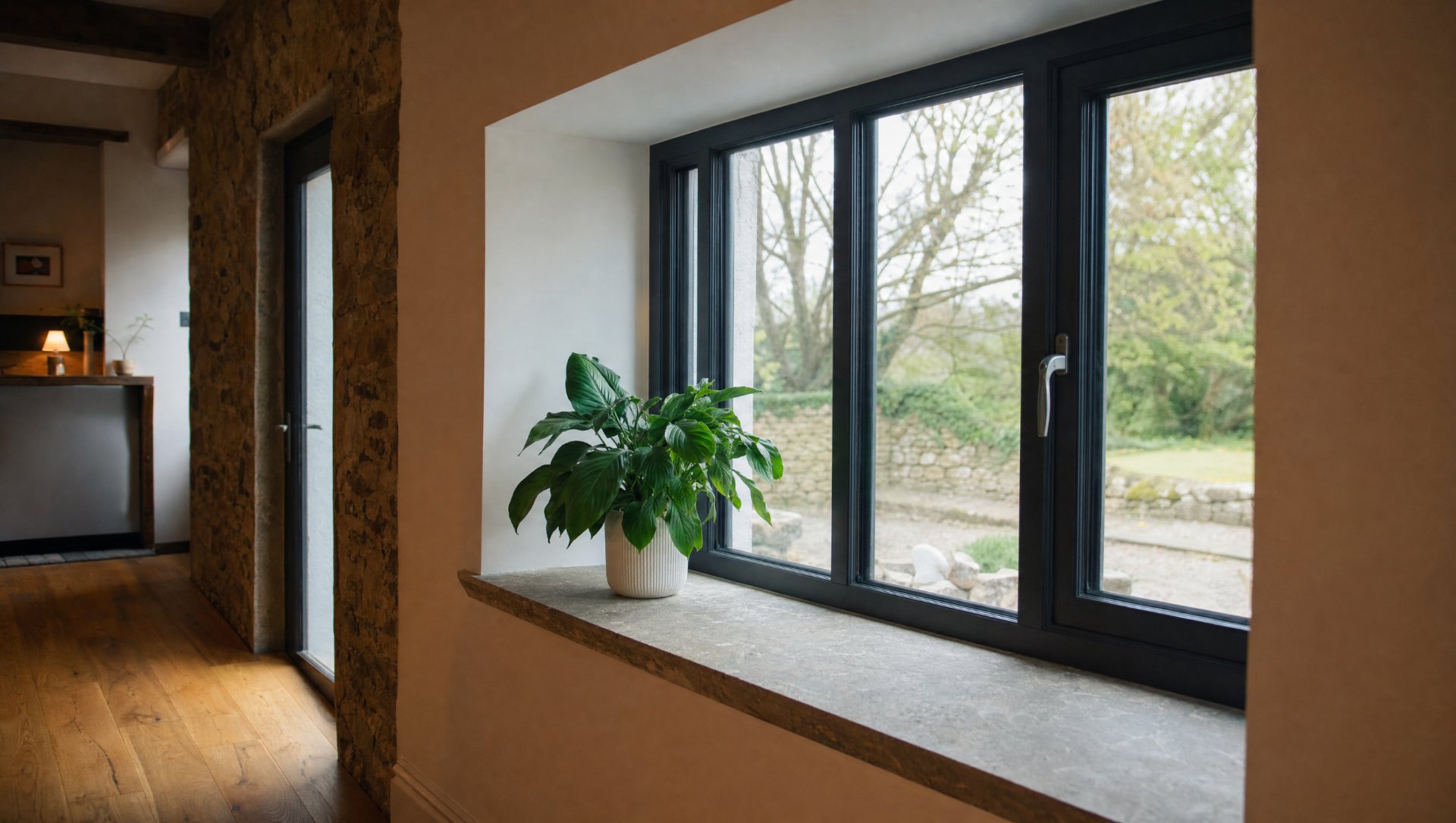 A window detail — a new triple-glazed anthracite window set into a deep, well-insulated reveal with a stone sill.