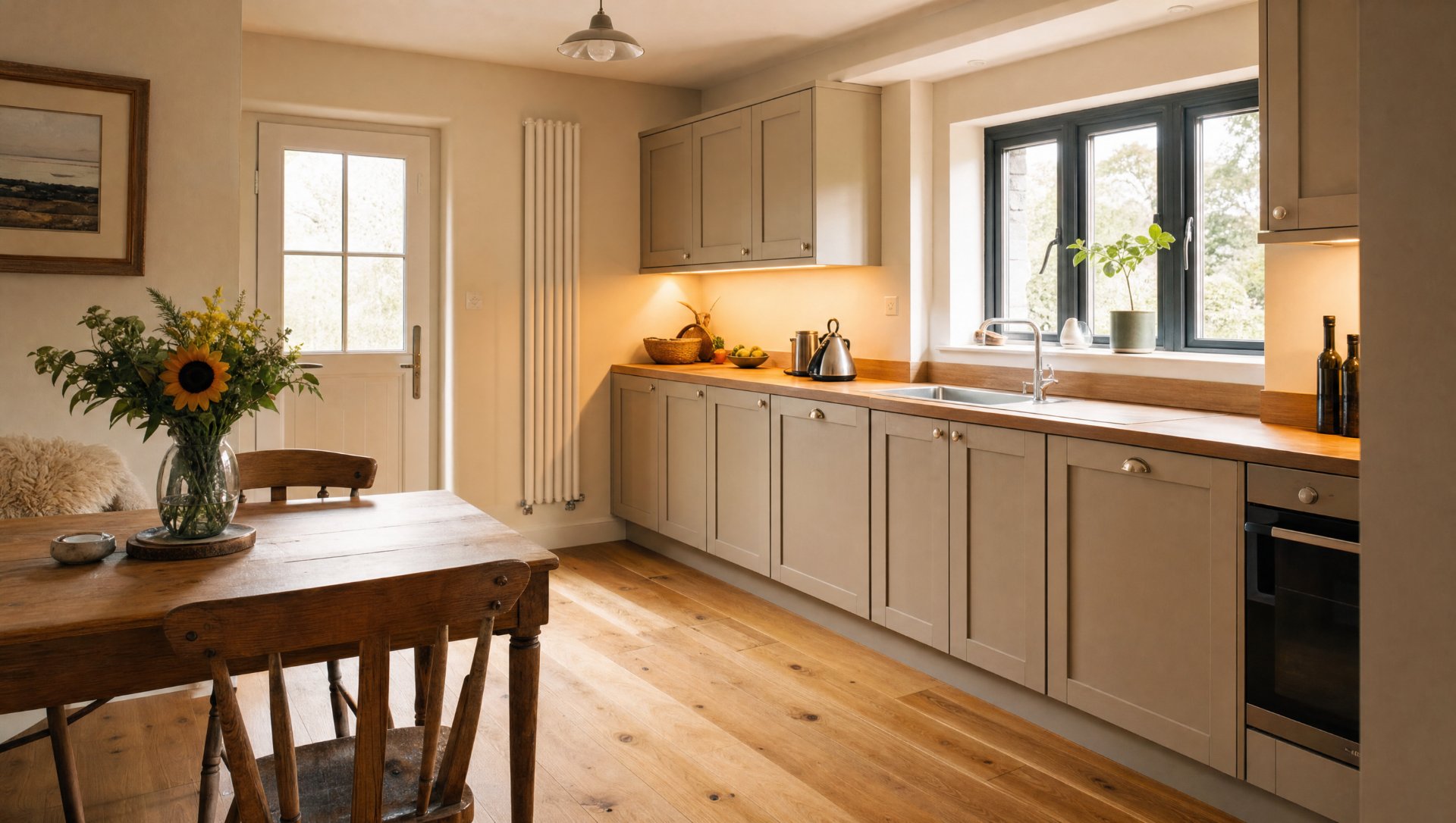 A warm, comfortable kitchen with oak worktops, a vertical radiator and a new anthracite window over the sink.