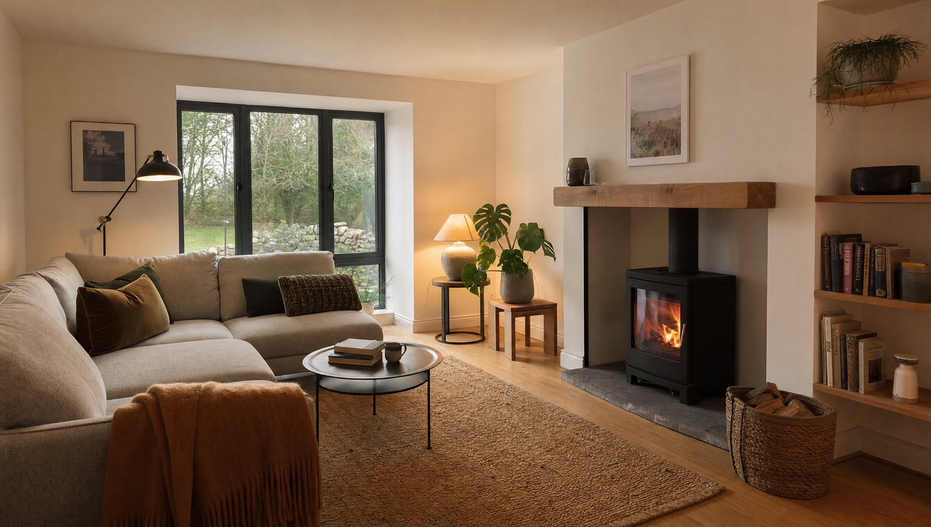 A warm living room after the retrofit — a wood-burning stove, a large anthracite window holding the heat, and soft evening light.